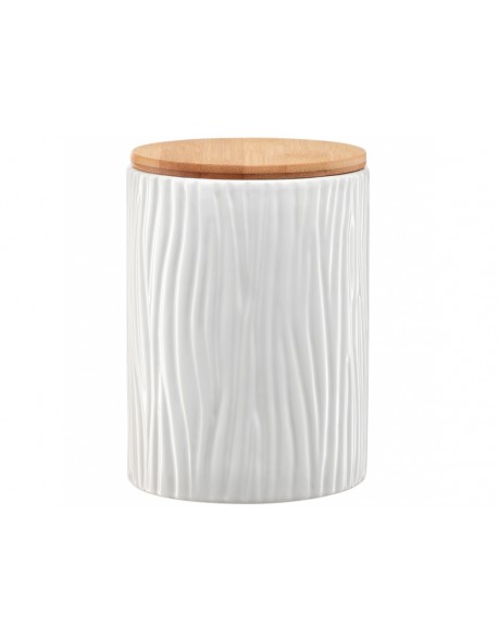 Pojemnik ceramiczny AMBITION Tuvo biały z wytłoczeniami z bambusową pokrywką 1110 ml 